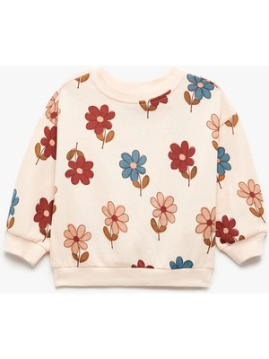 Çiçek Desenli Uzun Kollu Bisiklet Yaka Sweatshirt