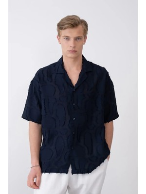 Erkek Bej Kamp Yaka Desenli Kısa Kol Gömlek Oversize Yazlık Viskon Karışımlı