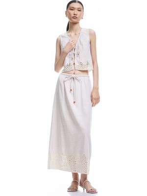 Koton Keten Karışımlı Beli Bağlamalı A Kesim Kroşe Detaylı Uzun Etek