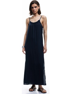 Koton Aerobin Kumaş Bol Kalıp Fırfır Detaylı Ince Askılı Uzun Saten Elbise