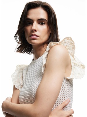 Koton Fistolu Brode Detaylı Bisiklet Yaka Karpuz Kol Fırfırlı Bluz