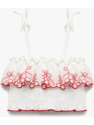 Koton Pamuklu Ince Askılı Kiraz Desenli Gipeli Crop Bluz