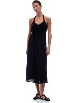 Koton Sırt Dekolteli Boyundan Bağlamalı Halter Yaka Kroşe Detaylı Elbise