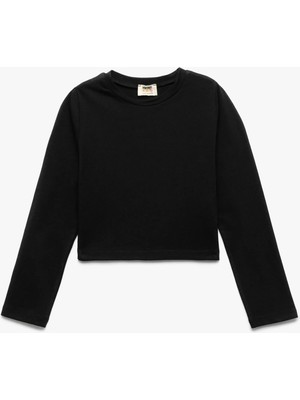 Pamuklu Bisiklet Yaka Uzun Kollu Basic Crop Tişört