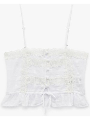 Koton Dantel Detaylı Askılı Düğmeli Fiyonklu Armürlü Crop Bluz