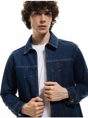 Koton Fermuarlı Pamuklu Cepli Dikiş Detaylı Gömlek Yaka Denim Ceket