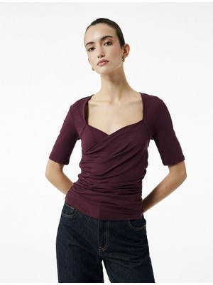 Slim Fit Kısa Kollu Düşük Omuz Kruvaze Bluz