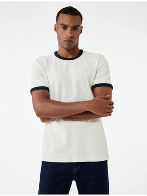 Kısa Kollu Bisiklet Yaka Renk Kontrastlı Pamuklu Slim Fit Tişört