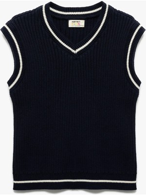 Koton Pamuklu V Yaka Çizgili Kolsuz Triko Süveter