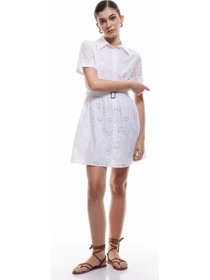 Koton Pamuklu Düğmeli Kemerli Kısa Kollu Fisto Brodeli Mini Gömlek Elbise