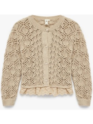 Uzun Kollu Ajurlu Fırfırlı Düğmeli Bisiklet Yaka Triko Hırka