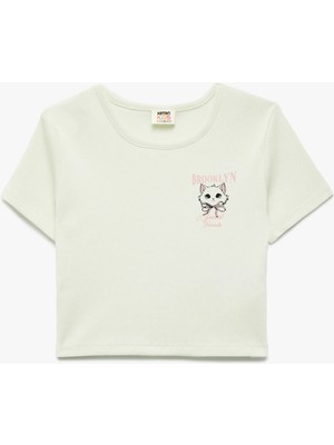 Koton Kedi Baskılı Kısa Kollu Bisiklet Yaka Pamuklu Tişört