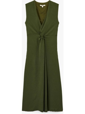 Aerobin Kumaş V Yaka Kolsuz Kruvaze Midi Boy Elbise