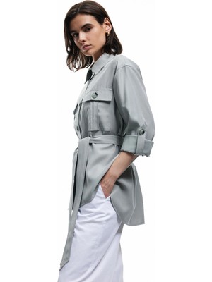 Koton Viskon Kumaş Klasik Yaka Uzun Kollu Kemerli Gömlek Ceket