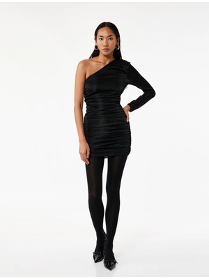 Simli Tek Omuz Uzun Kollu Drapeli Mini Abiye Elbise