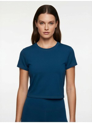 Slim Fit Kısa Kollu Bisiklet Yaka Crop Spor Tişört