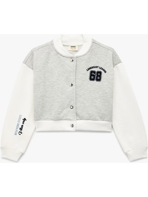 Düğmeli Baskılı Uzun Kollu Yuvarlak Yaka Crop Kolej Ceket