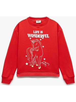 Şardonlu Uzun Kollu Bisiklet Yaka Pamuklu Unicorn Baskılı Sweatshirt