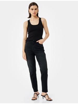 Pamuklu Yüksek Bel Düğmeli Slim Fit Mom Jean Pantolon - Mom Jeans