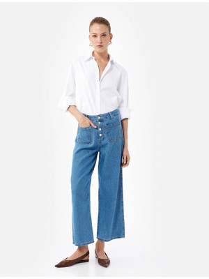 Koton Normal Paça Düğmeli Yüksek Bel Pamuklu Geniş Paça Crop Jean Pantolon - Wide Leg Jeans