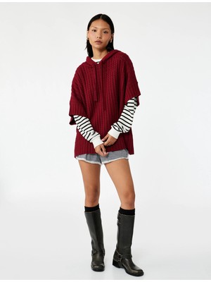 Geniş Kısa Kollu Kapüşonlu Saç Örgüsü Dokulu Triko Oversize Panço