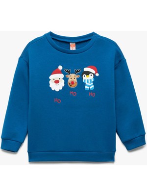 Bisiklet Yaka Uzun Kollu Pamuklu Yılbaşı Baskılı Sweatshirt