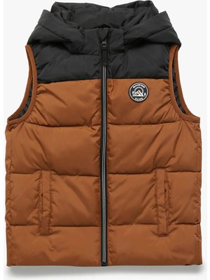 Renk Bloklu Cepli Etiket Detaylı Fermuarlı Kapşonlu Kolsuz Şişme Yelek