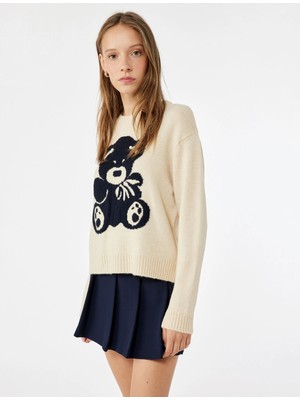 Ayıcık Işlemeli Uzun Kollu Bisiklet Yaka Triko Kazak