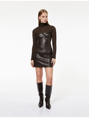 A Kesim Mini Suni Deri Straplez Elbise