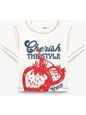Koton Bisiklet Yaka Kısa Kollu Çilek Baskılı Crop Tişört
