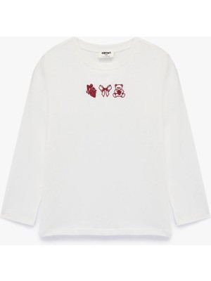 Pamuklu Uzun Kollu Bisiklet Yaka Nakışlı Tişört