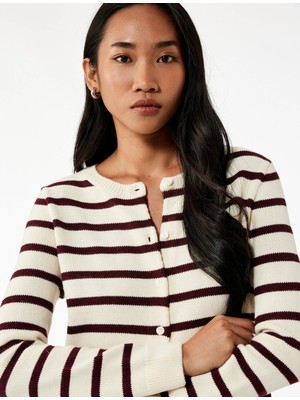 Uzun Kollu Düğmeli Bisiklet Yaka Çizgili Triko Hırka