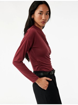 Modal Kumaş Slim Fit Drape Detaylı Asimetrik Yaka Uzun Kollu Tişört