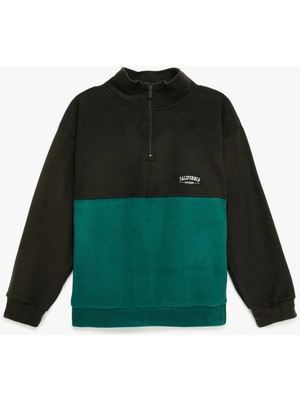 Dik Yaka Uzun Kollu Renk Bloklu Polar Sweatshirt