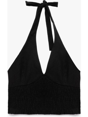 Slim Fit Gipeli Halter Yaka Keten Karışımlı Kolsuz Crop Bluz