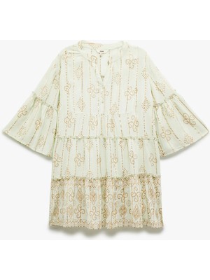 Koton Viskon Fırfırlı Yarım Kollu Yuvarlak Yaka Etnik Desenli Plaj Elbisesi