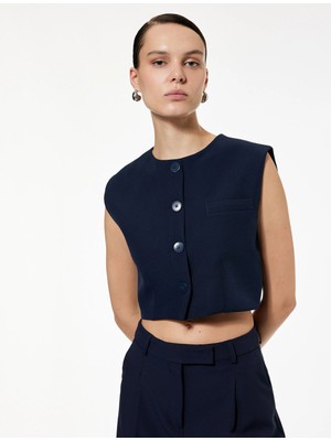 Düğmeli Bisiklet Yaka Crop Yelek