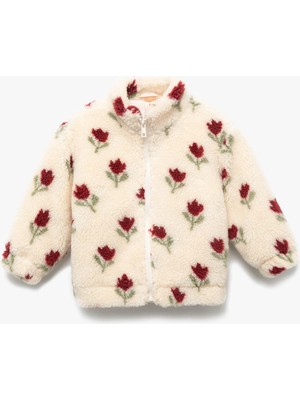 Fermuarlı Dik Yaka Uzun Kollu Çiçekli Polar Ceket