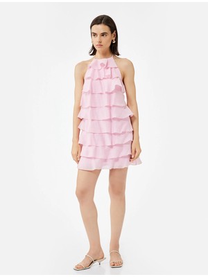 Koton Kat Kat Ince Askılı Halter Yaka Fırfırlı Mini Elbise