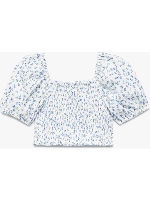 Koton Çiçek Desenli Kare Yaka Balon Kollu Crop Tişört