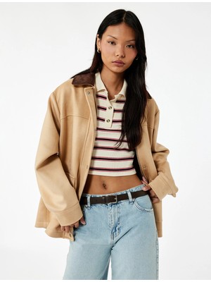 Klasik Yaka Süet Görünümlü Cep Detaylı Çıtçıt Düğmeli Oversize Ceket