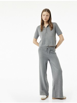 Viskon Karışımlı Yüksek Bel Bağcıklı Geniş Paça Triko Pantolon