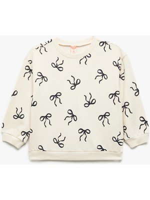 Fiyonk Baskılı Uzun Kollu Bisiklet Yaka Pamuklu Sweatshirt