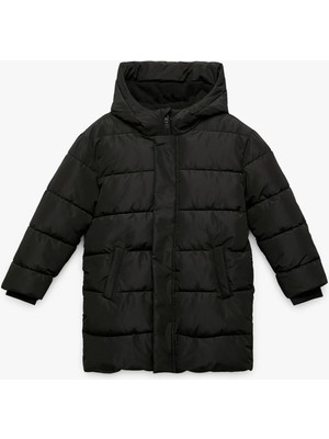 Uzun Kollu Cepli Kapşonlu Şişme Mont