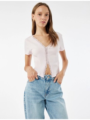 Slim Fit Kısa Kollu Dantelli Pamuklu V Yaka Tişört