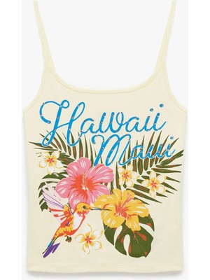 Pamuklu Ip Askılı Hawaii Baskılı Slim Fit Bluz