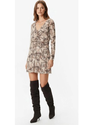 Koton V Yaka Uzun Kollu Büzgülü A Kesim Çiçekli Mini Elbise