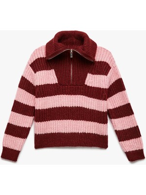 Uzun Kollu Fermuarlı Yarım Yaka Çizgili Triko Kazak