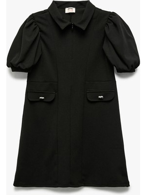 Fermuar Detaylı Balon Kollu Gömlek Yaka Elbise