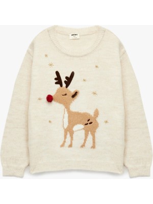 Koton Uzun Kollu Bisiklet Yaka Geyik Desenli Triko Kazak